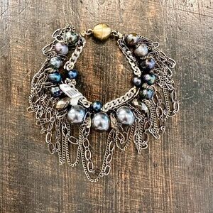 NWT Edgy Silver & Gold Chain with freshwater pearls Bracelet